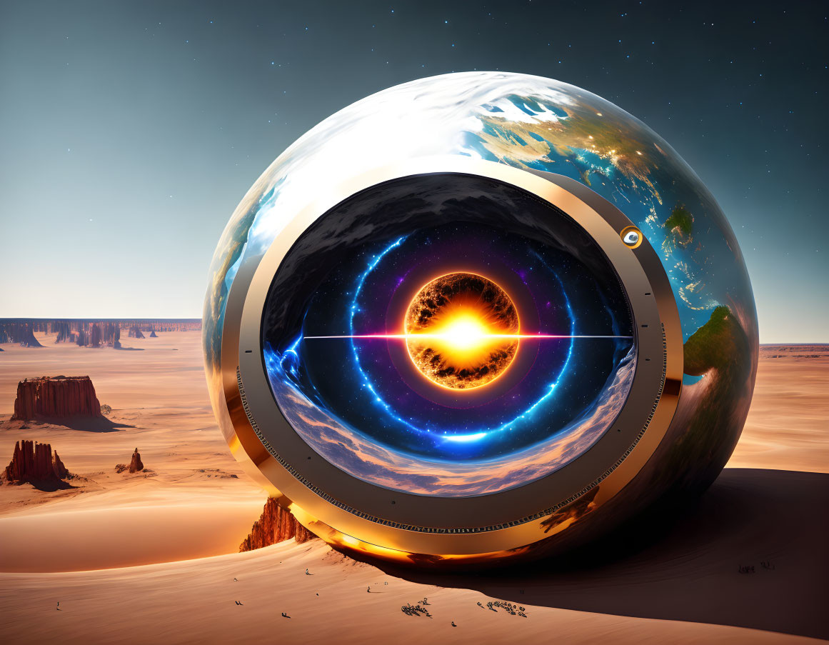 Futuristic spherical anomaly with galaxy view in desert landscape