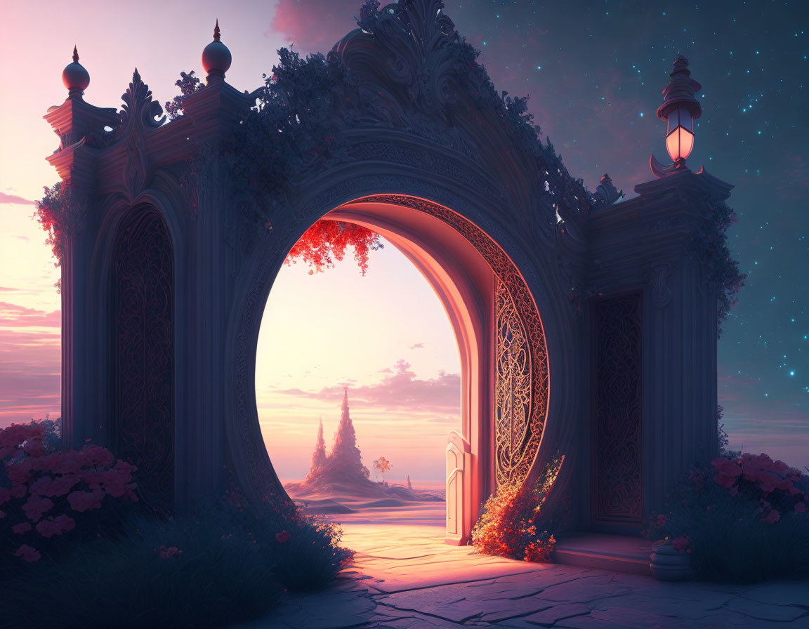 Ornate Archway Revealing Dreamy Sunset Landscape