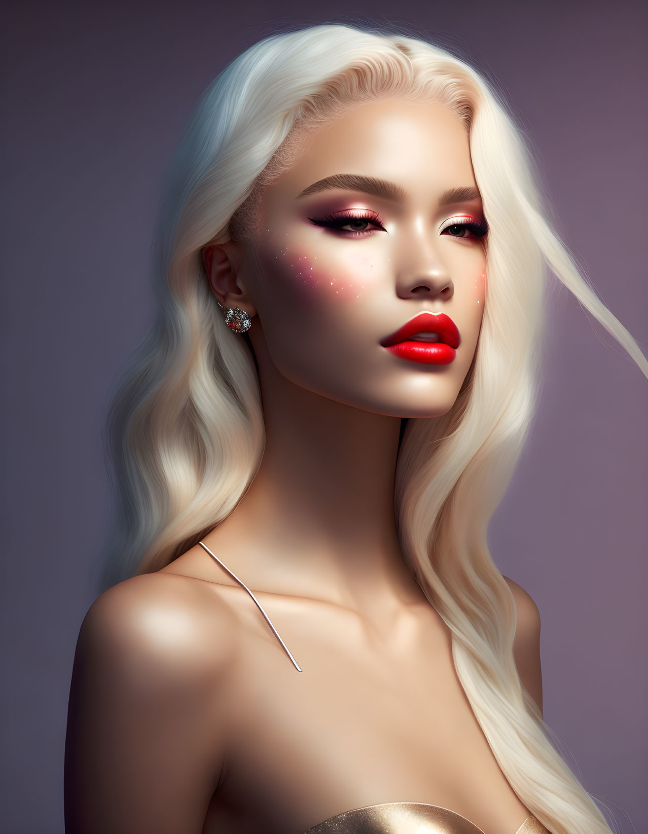 Portrait of woman with platinum blonde hair, red lipstick, and glittery eye makeup on purple background