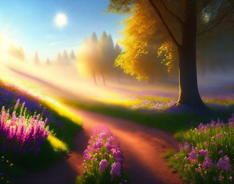 Colorful Landscape with Sunbeam Through Mist and Flowers