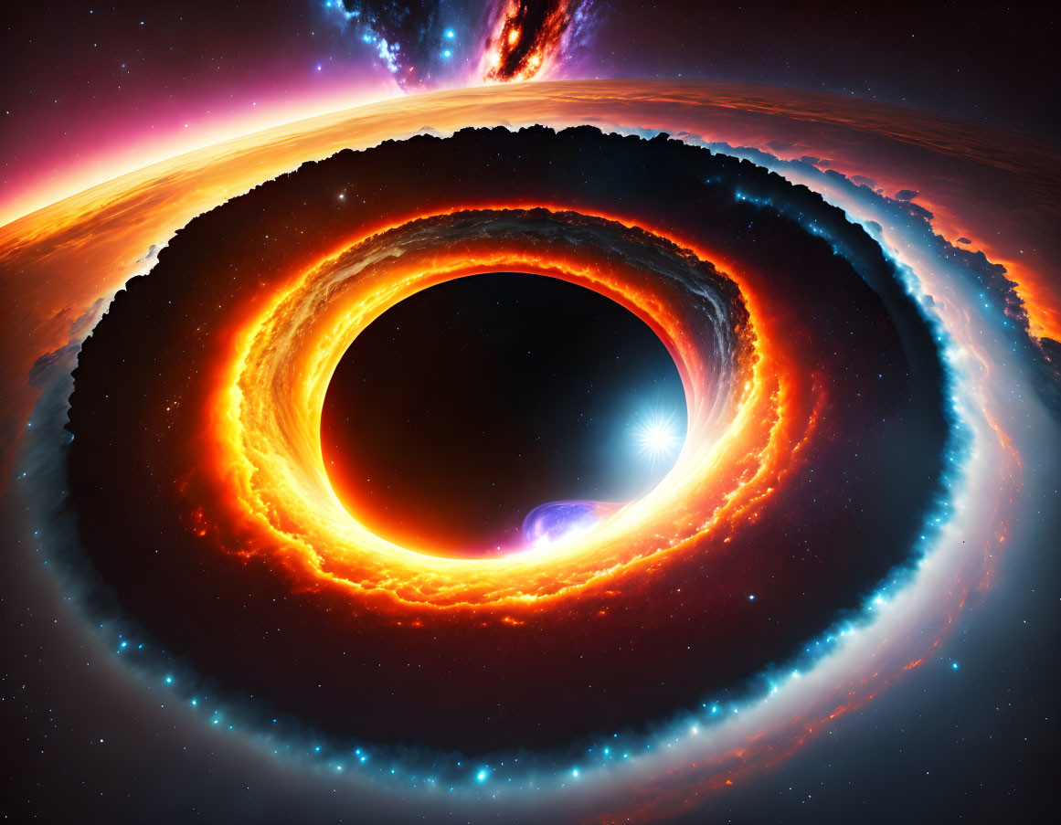 Detailed depiction of black hole with swirling accretion disk and energy jet in space