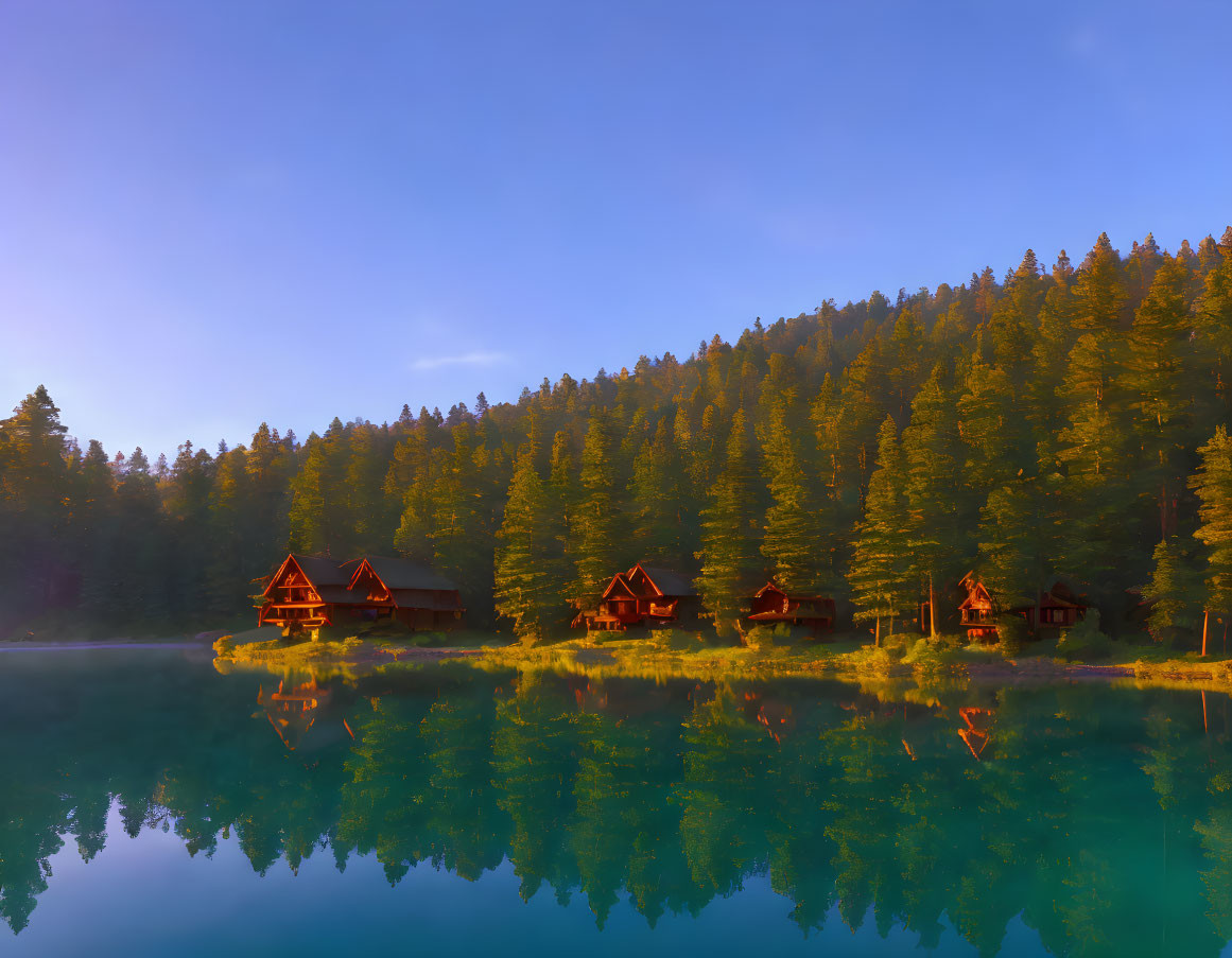 Serene lakeside scene with forest reflection and rustic cabins at sunrise