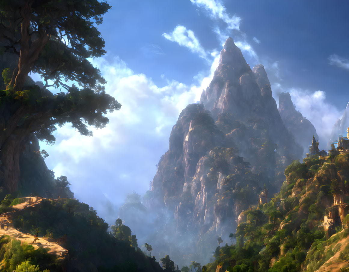 Mystical mountain landscape with lush greenery and towering peaks