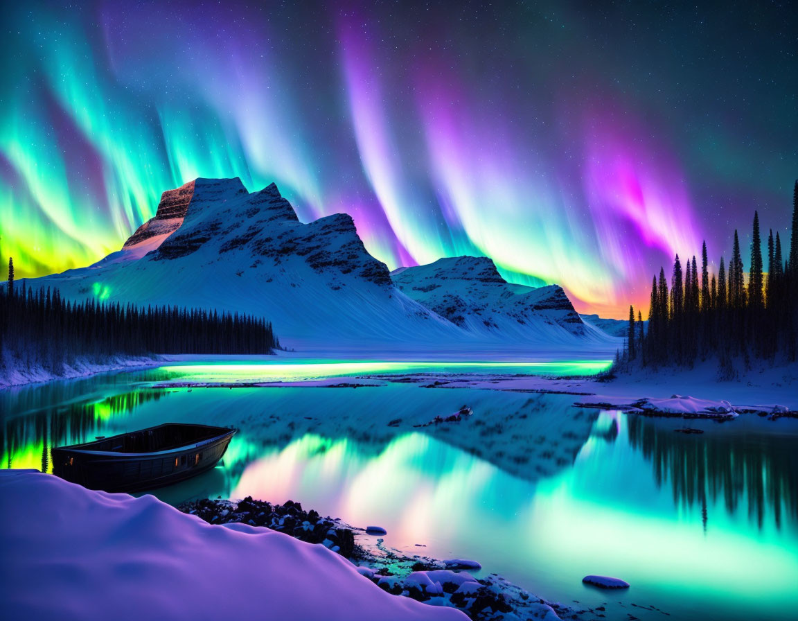 Northern Lights illuminating snowy mountain landscape with lake and boat