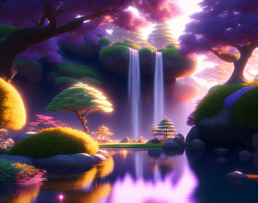 Majestic waterfall, colorful foliage, pagodas, serene lake at twilight