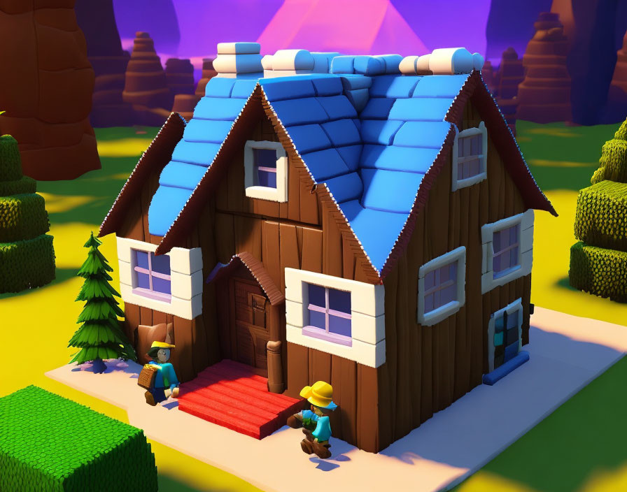 Stylized 3D Wooden House with Blue Roof and Cartoon Figures