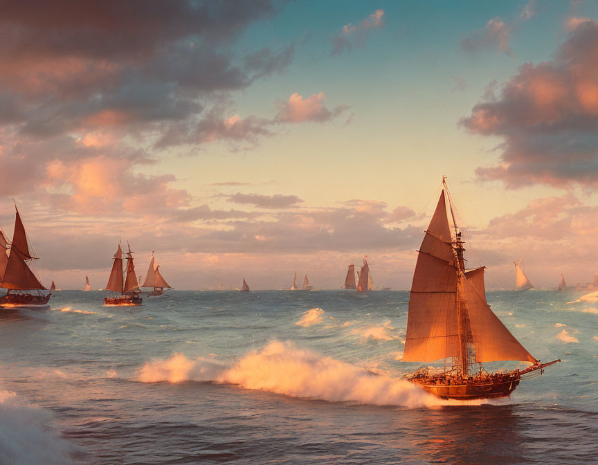 Sailing ships on choppy sea under golden sky