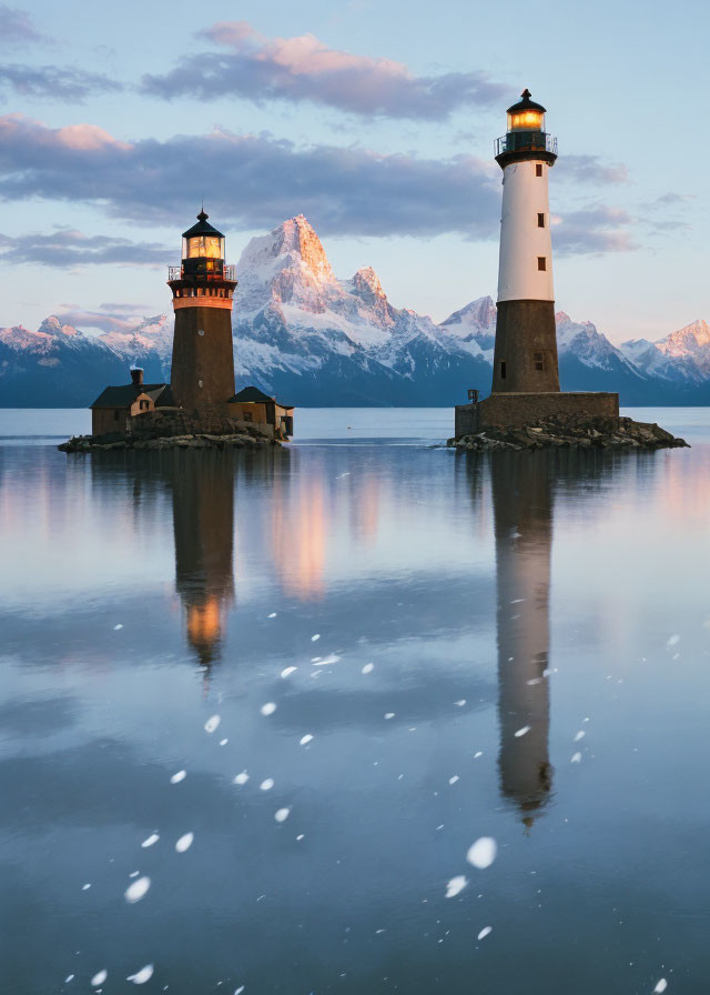 Twilight view of twin lighthouses on serene lake with snowy mountains reflection