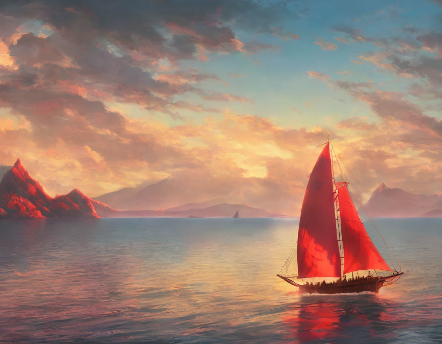 Red sailboat sailing on calm waters at sunset with cloud-kissed mountains