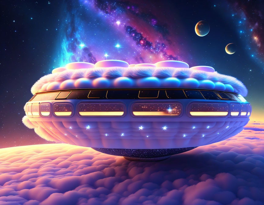 Futuristic spaceship art: Glowing windows, twilight sky