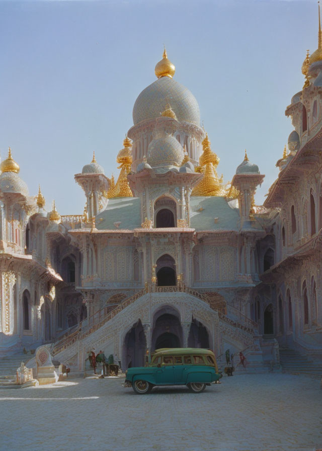 Vintage car parked in front of ornate building with golden domes