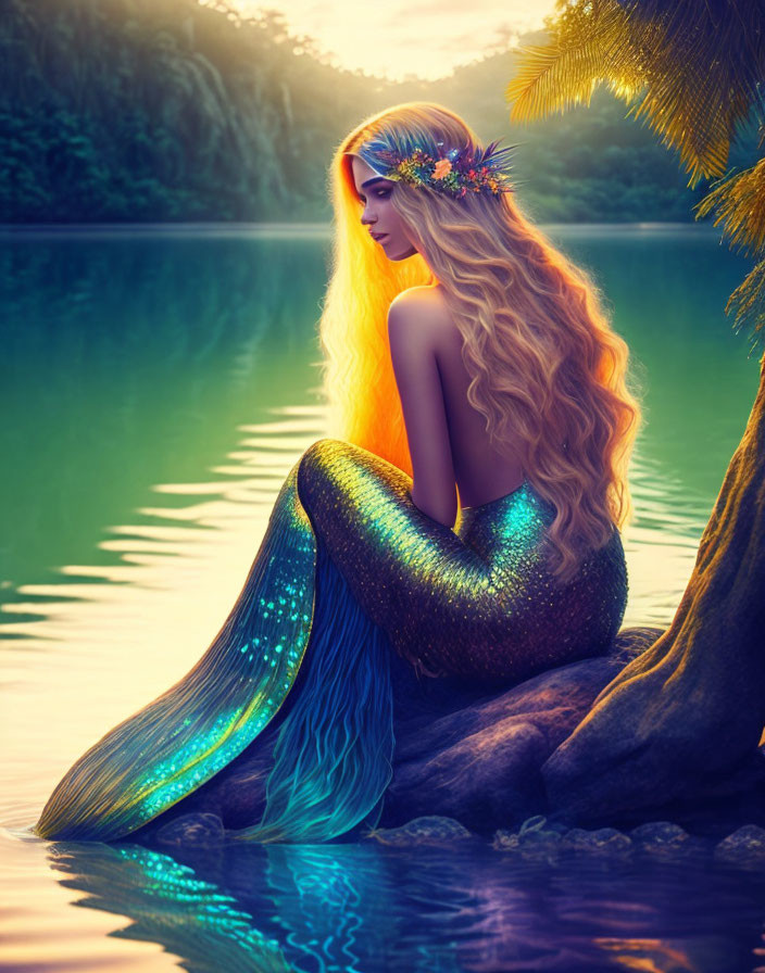 Mermaid with Glowing Golden Hair on Rock by Tranquil Forest Lake at Sunset