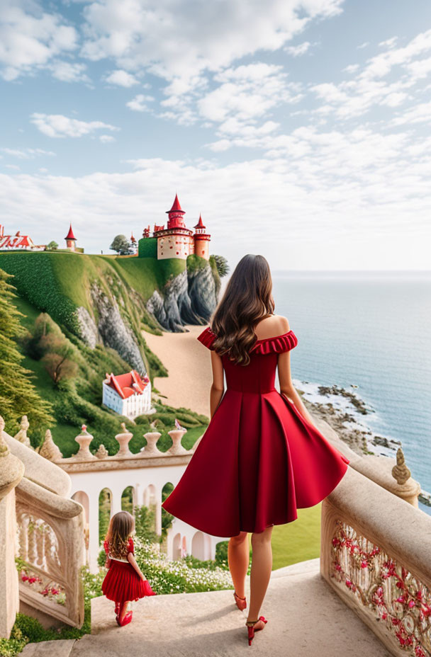 Woman in red dress gazes at castle on cliff with child in matching attire on balcony.