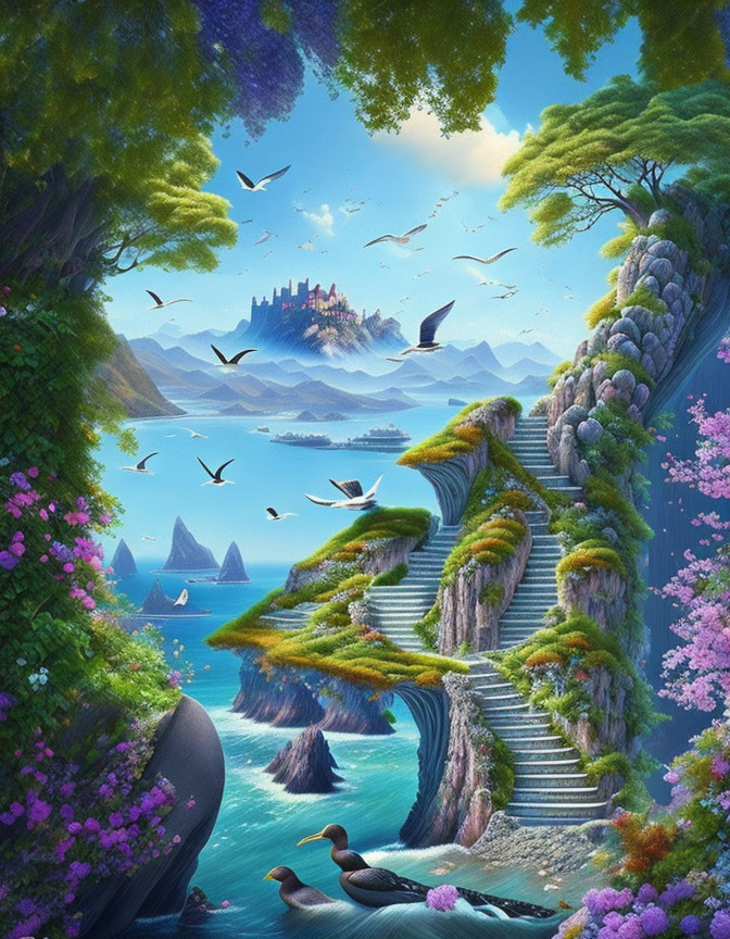 Whimsical landscape with stone staircase, whales, flora, birds, and misty mountains