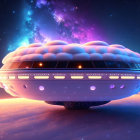 Futuristic spaceship art: Glowing windows, twilight sky