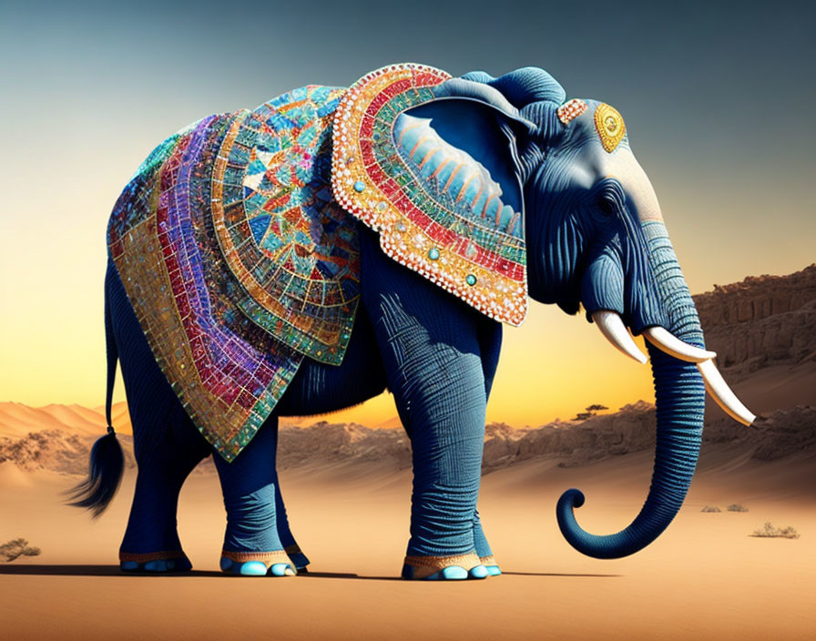 Elaborately Decorated Elephant in Desert Scene