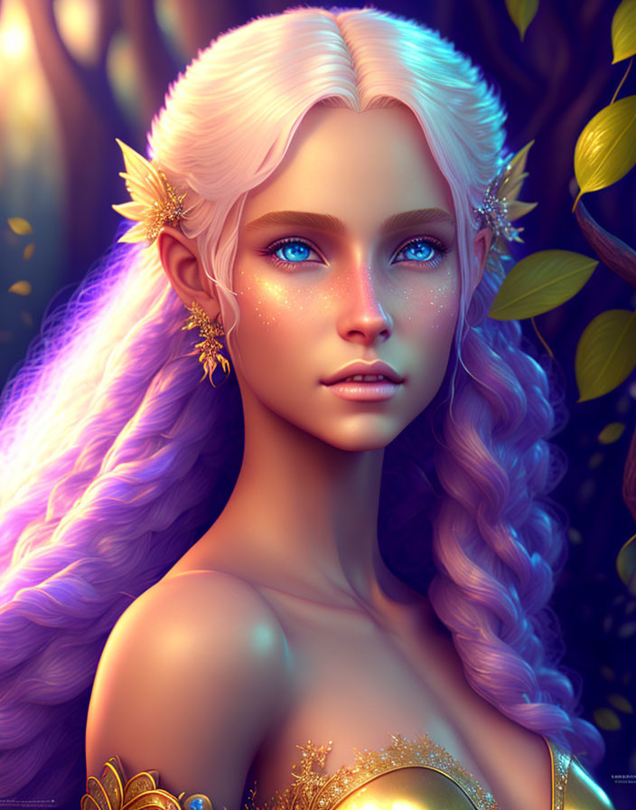 Fantasy illustration of woman with blue eyes, purple hair, and golden leaf accessories