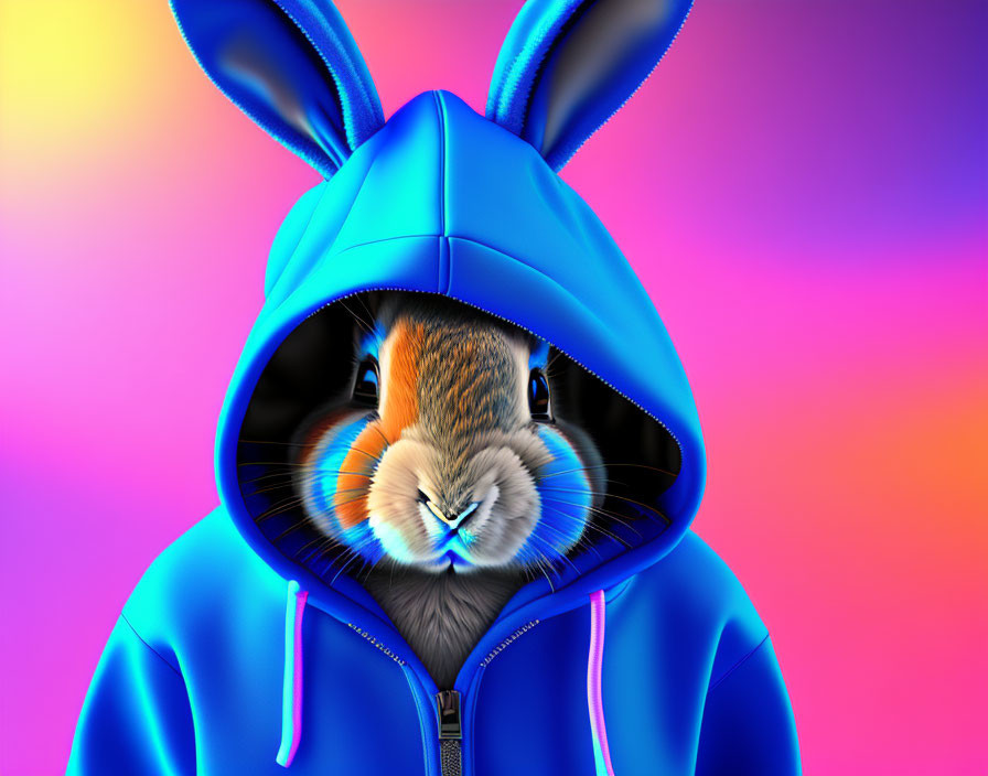 Blue Hoodie Rabbit on Vibrant Pink and Blue Gradient Background