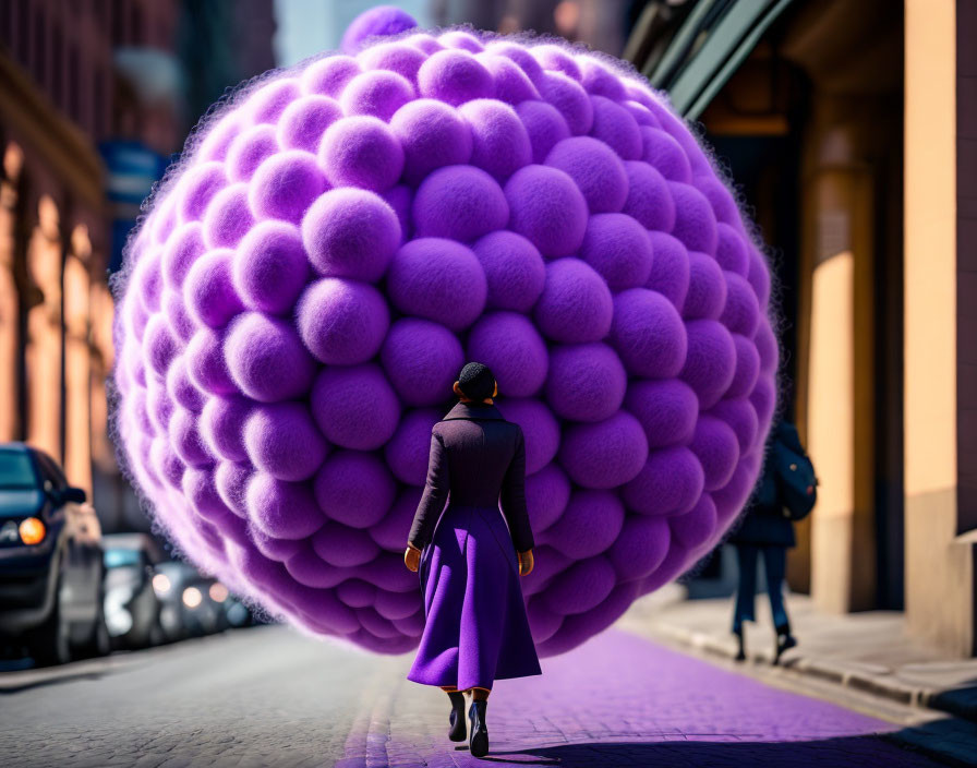 Person in Purple Outfit Carrying Large Cluster of Purple Balloons