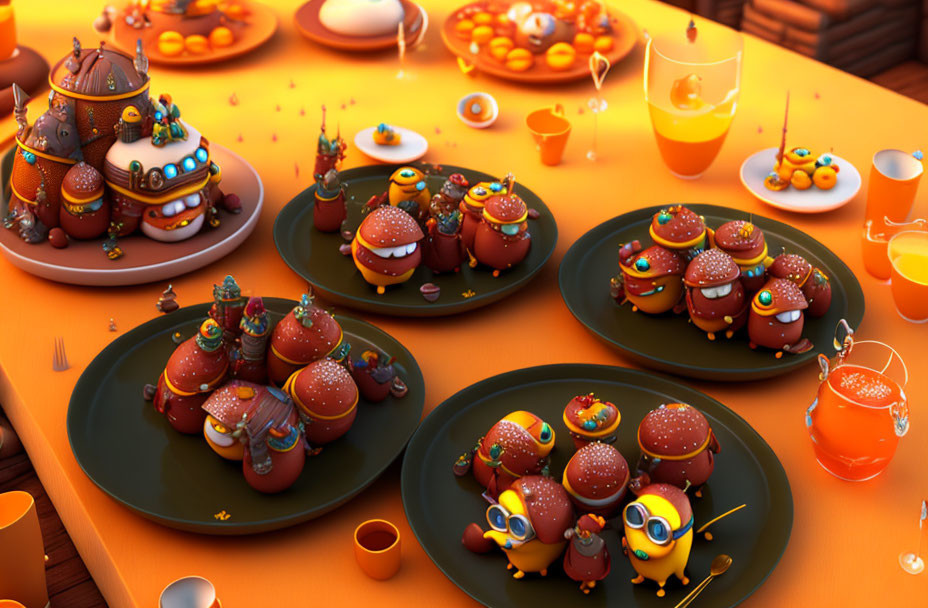 Colorful Animated Feast with Food Creatures on Orange Plates