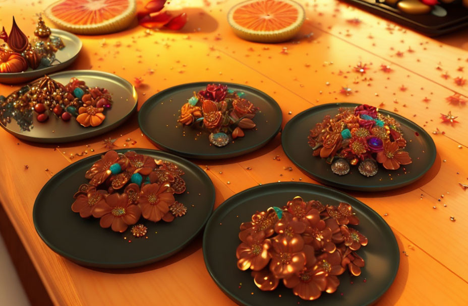 Colorful Jeweled Decorative Plates with Intricate Patterns and Festive Confetti