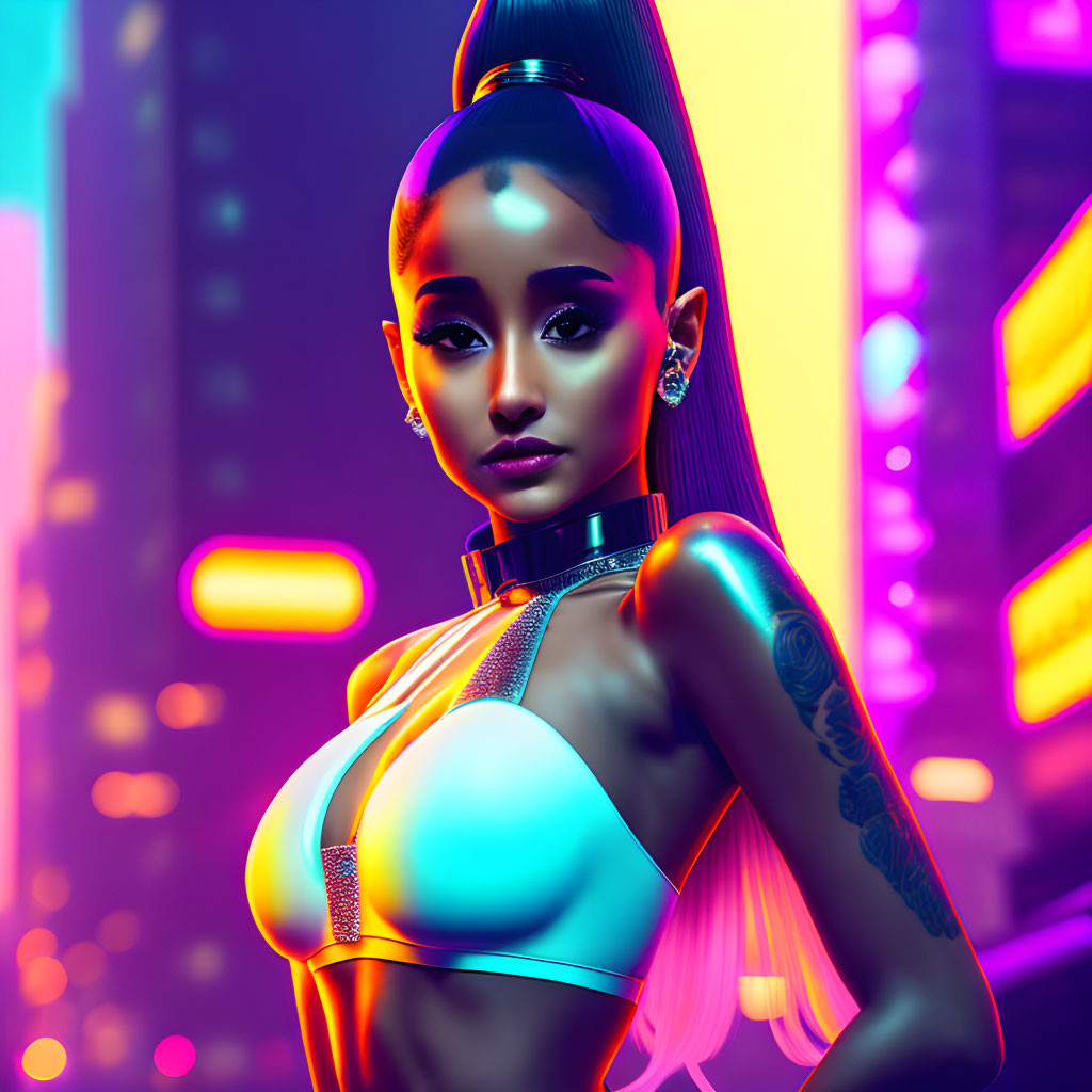 Futuristic woman with sleek hair and tattoos in modern attire against neon-lit cityscape