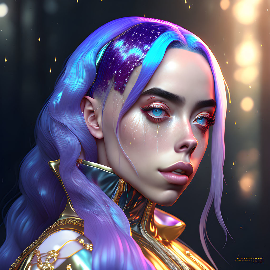 Galaxy-themed blue and purple hair with golden clothing details