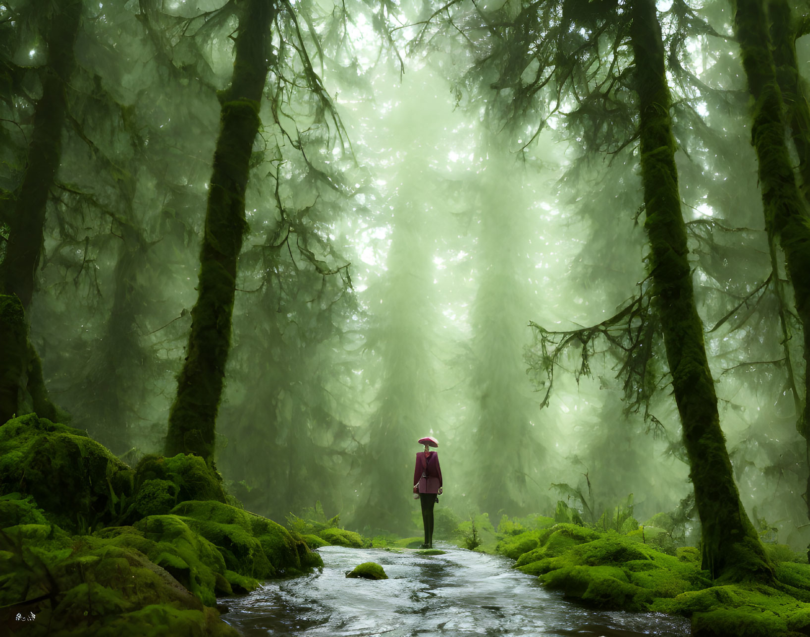 Person in Red Jacket Standing in Moss-Covered Forest with Sunlight Filtering Through Trees