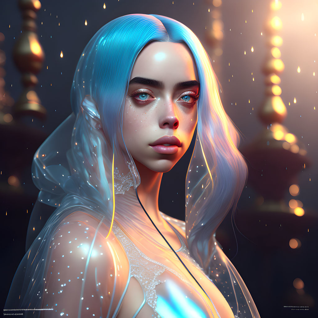 Digital portrait of woman with blue hair and eyes, glowing lights in dark setting