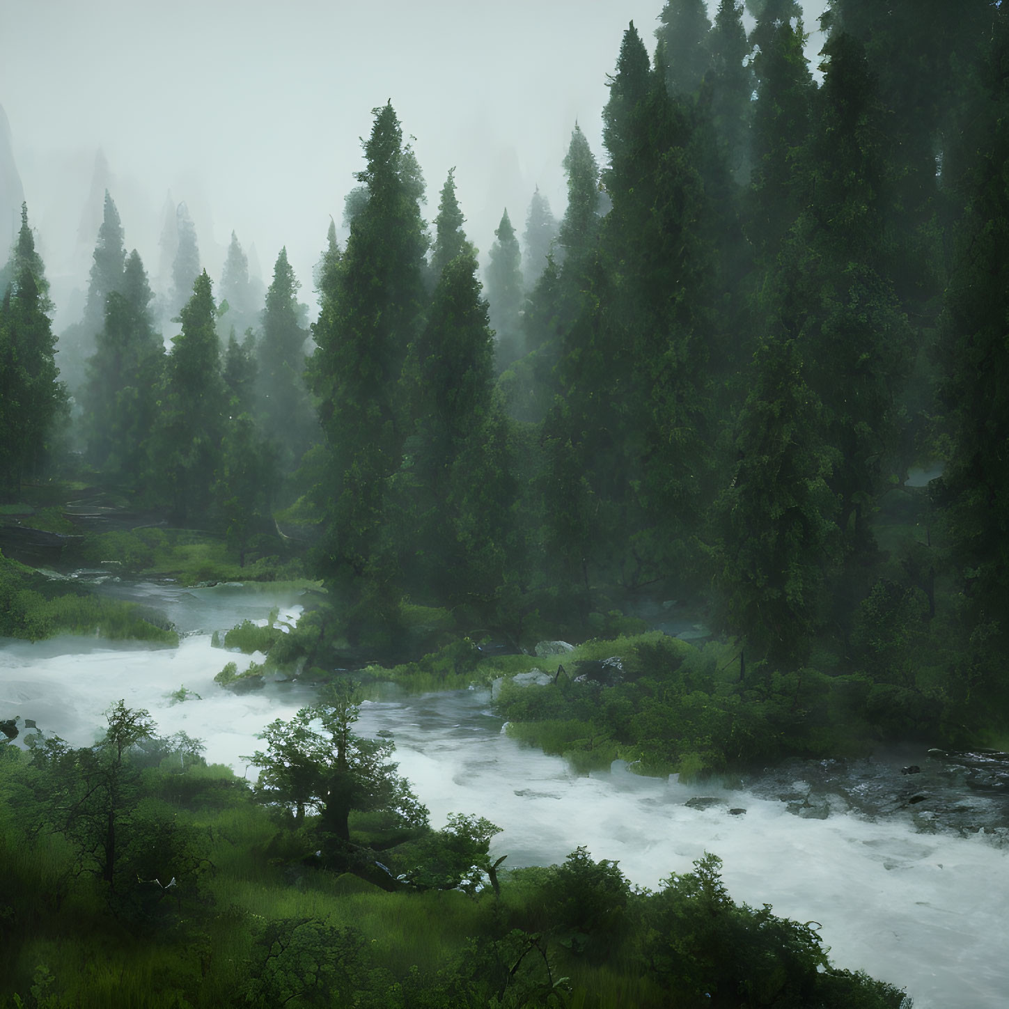 Misty forest with tall evergreen trees and rushing stream