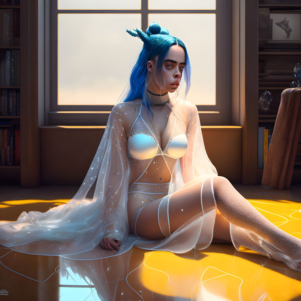 Digital artwork of woman with blue hair and horns in a sunlit room surrounded by books.