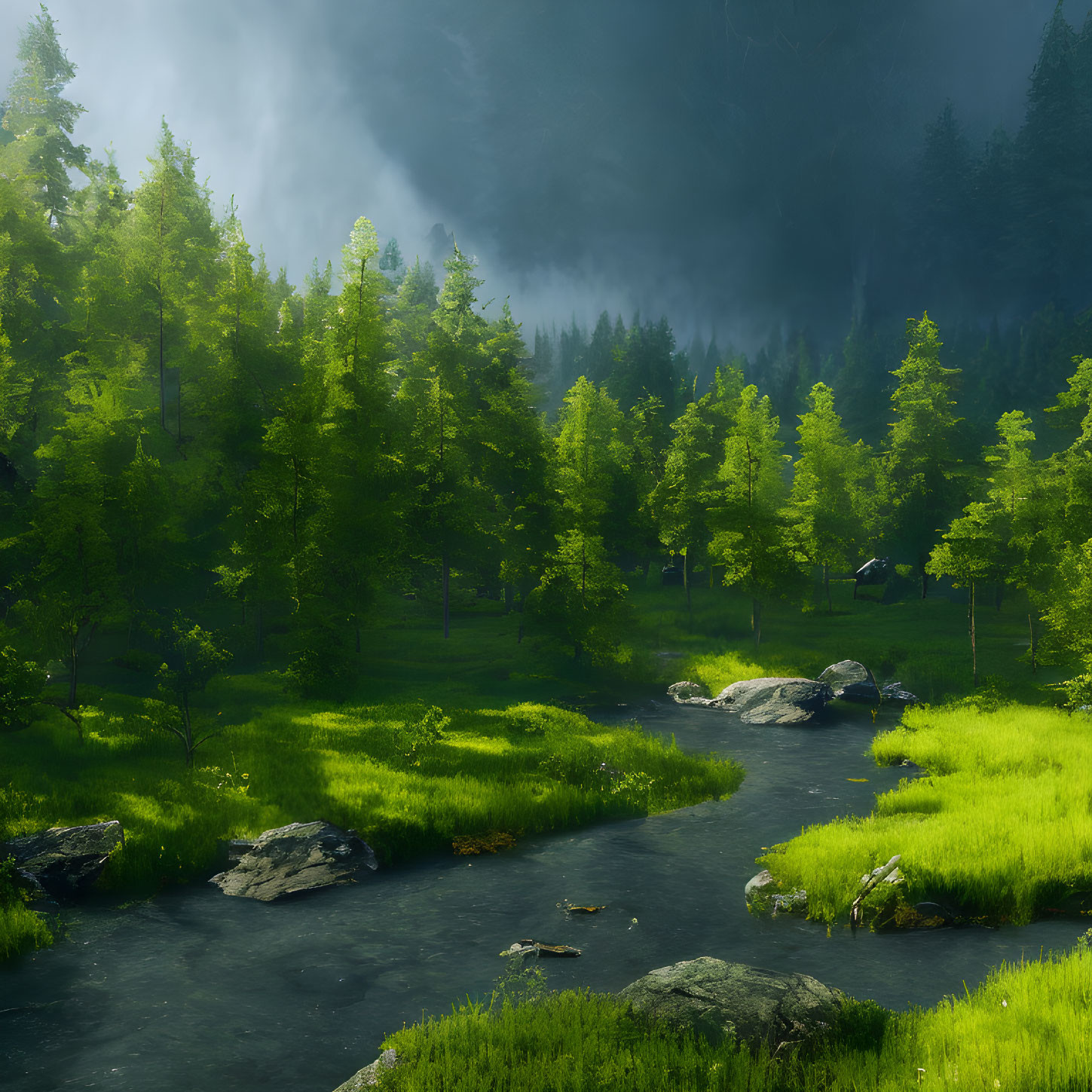 Serene forest scene with stream, rocks, and soft sunlight