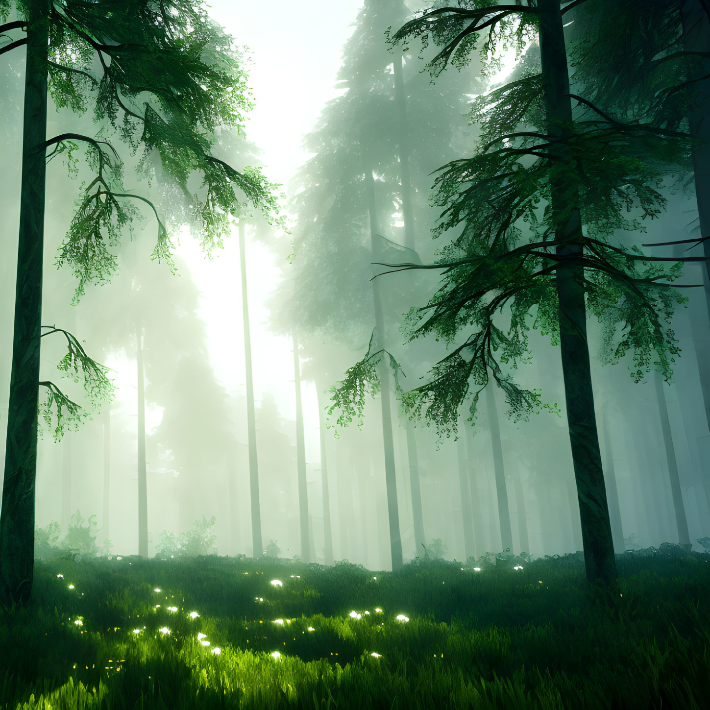 Tranquil forest scene with vibrant green foliage and misty light