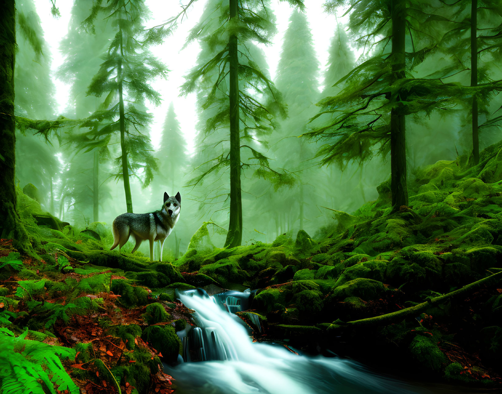 Husky by Waterfall in Mossy Forest with Tall Trees