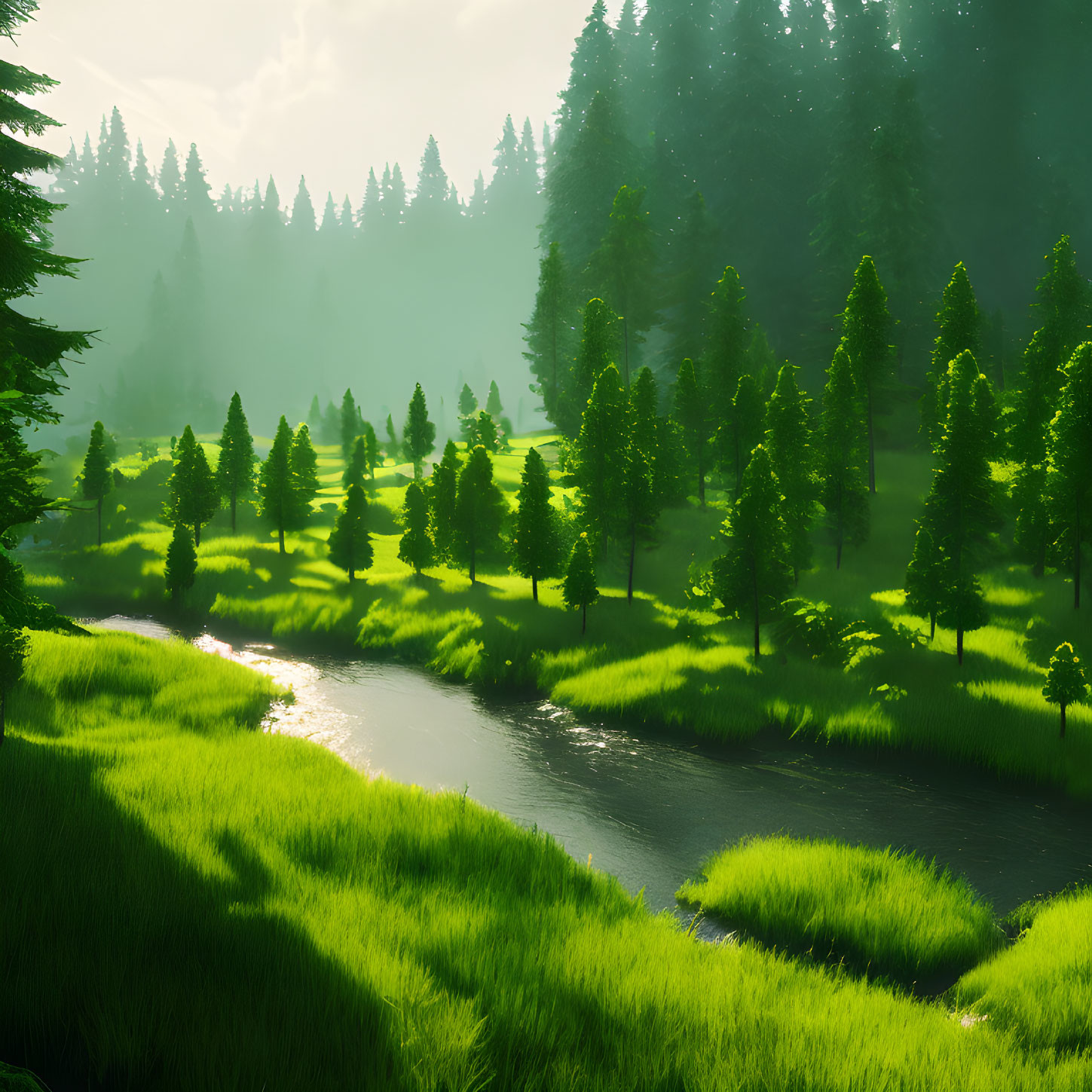 Tranquil river and towering trees in lush green forest