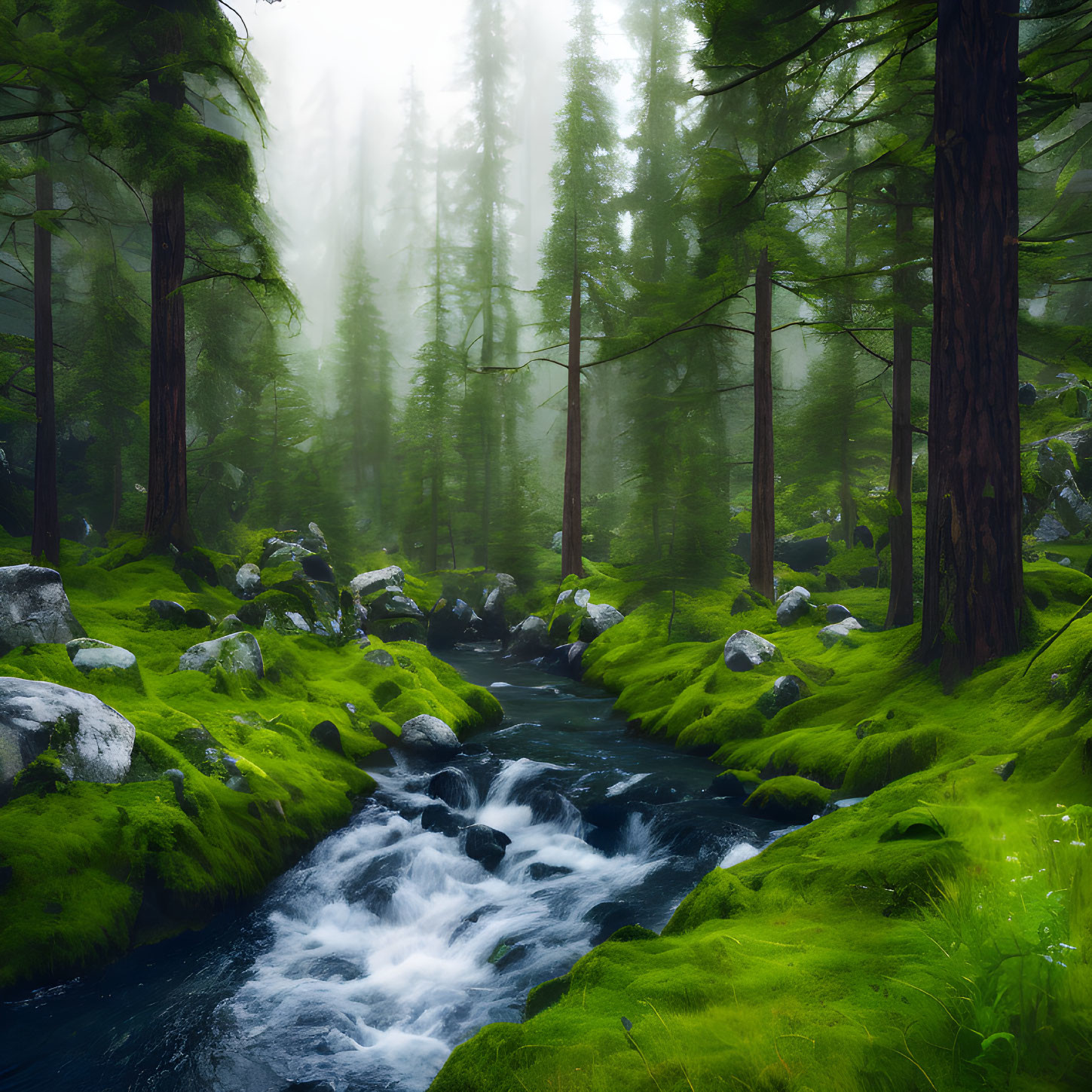 Tranquil forest stream with moss, rocks, and misty pines