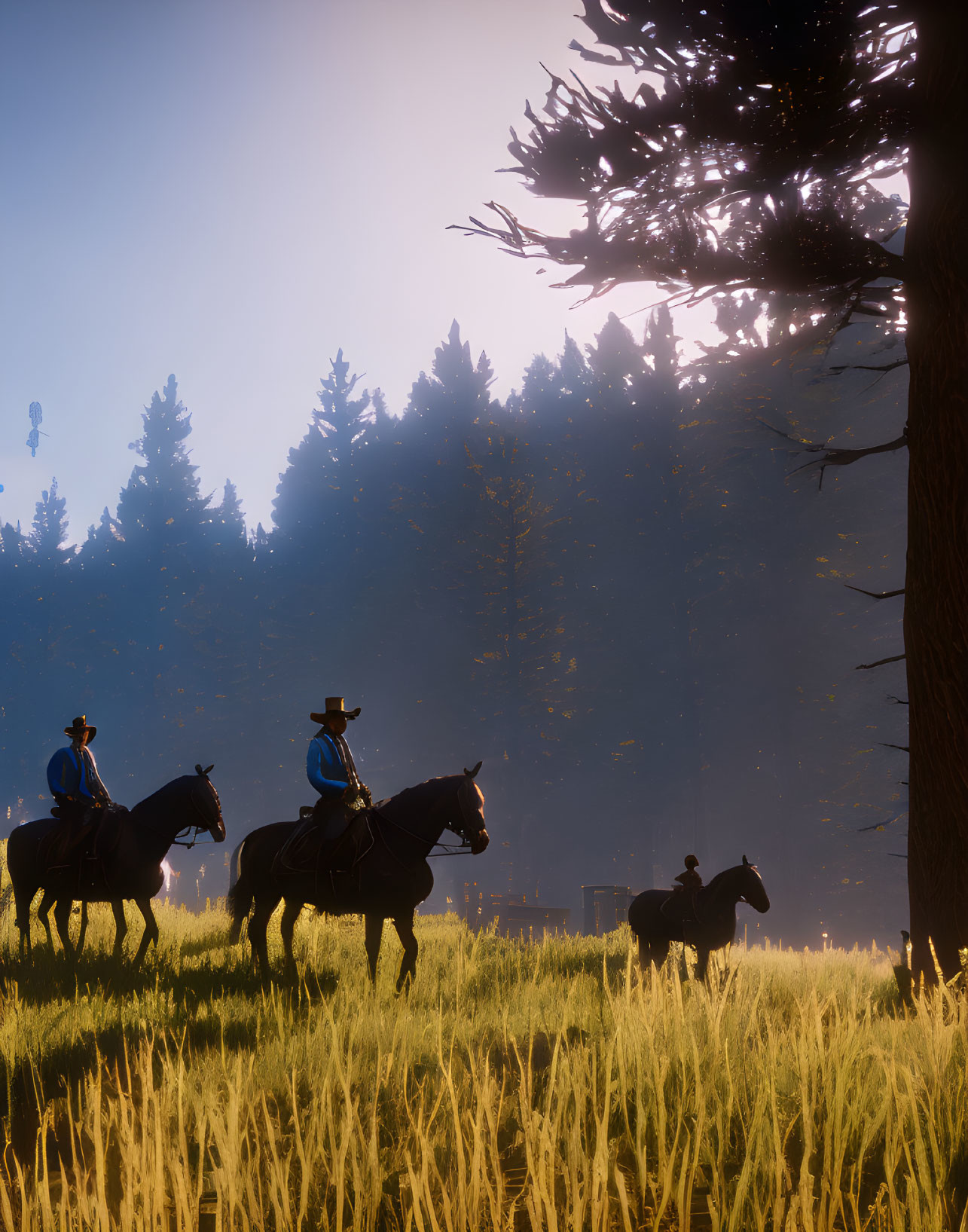 Silhouetted Figures on Horseback in Sunlit Forest Clearing