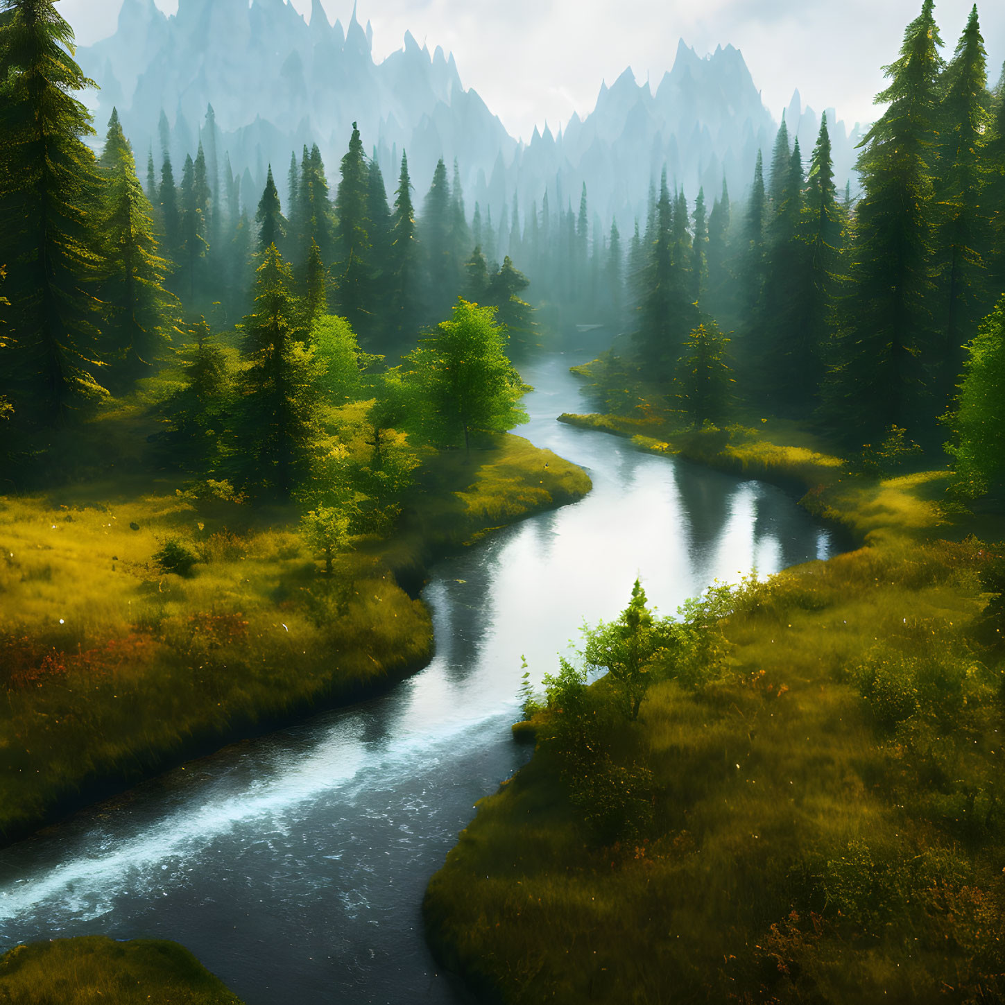 Tranquil river in lush forest with pine trees, mountains, and hazy sky