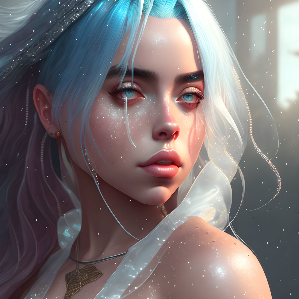 Striking digital portrait of a woman with blue hair and red eyes