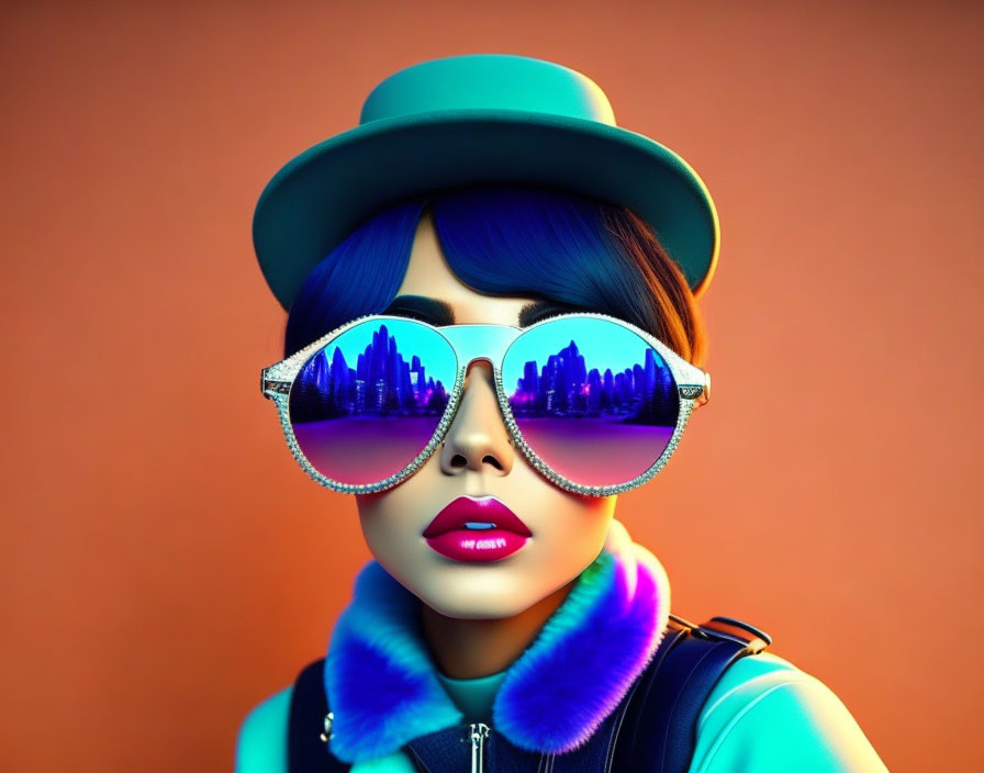 Fashionable illustration of person with blue hair, oversized sunglasses, teal hat, and fur collar on orange