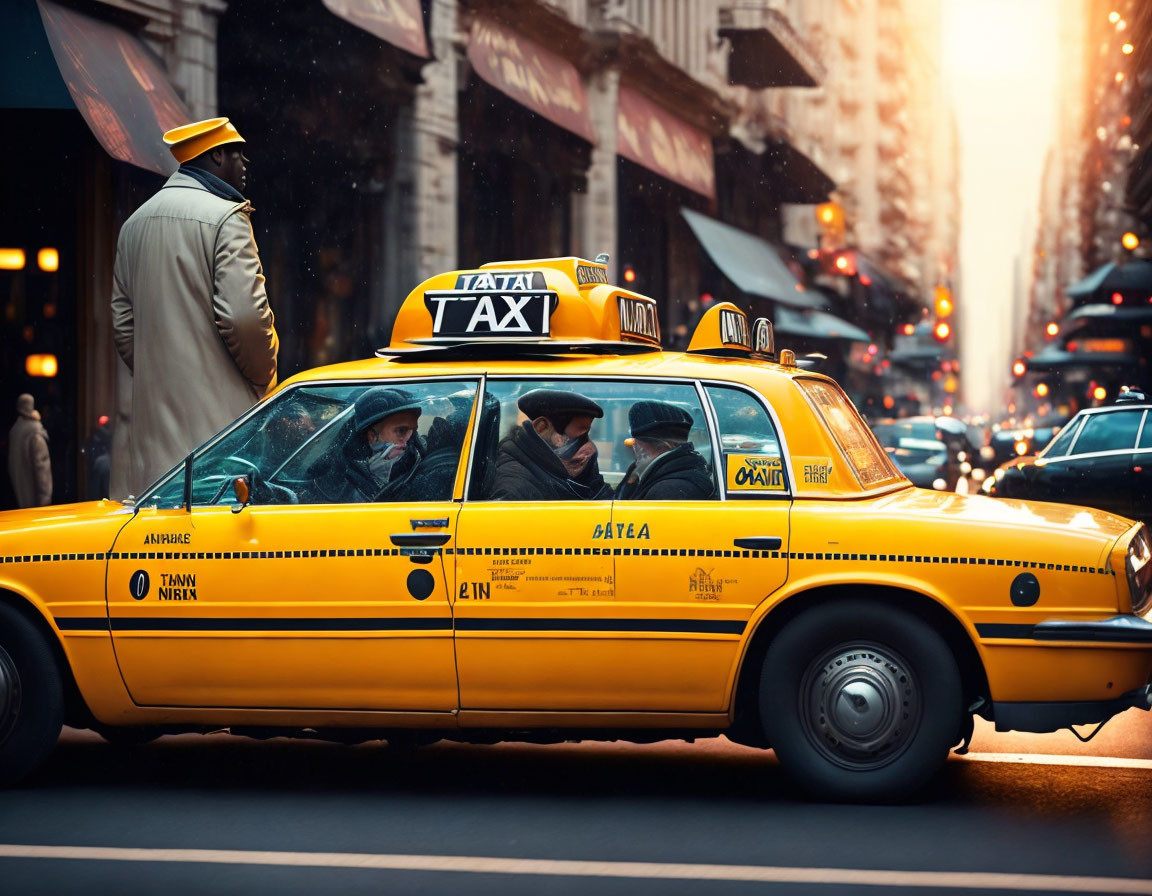 City street scene with yellow taxi, passengers, and man in trench coat under sunlight.