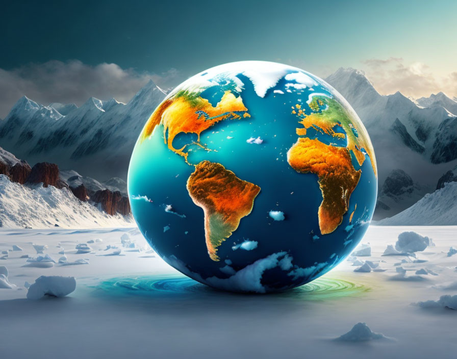 Earth globe surrounded by icy waters and snowy mountains under subdued sky