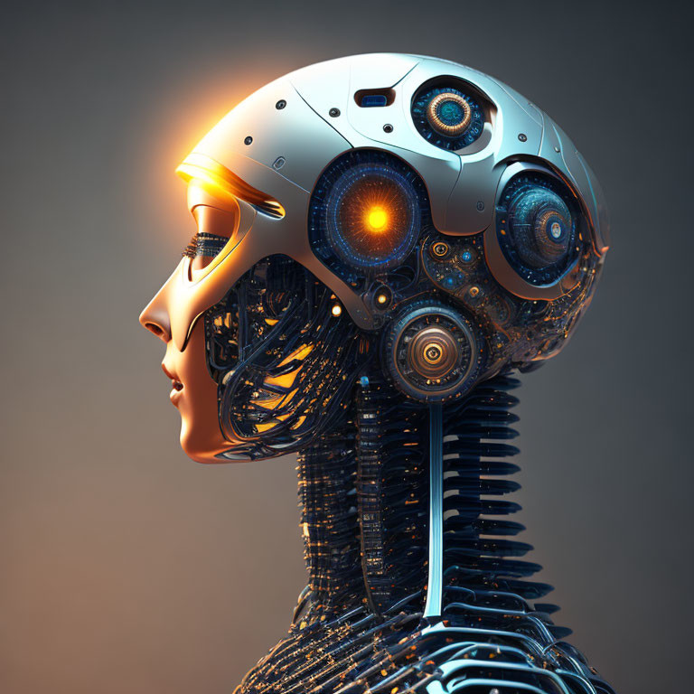 Female Android with Half-Human, Half-Robotic Face and Glowing Orange Eyes