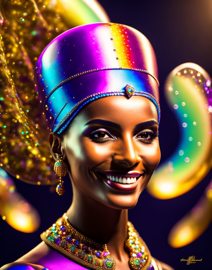 Colorful portrait of smiling woman with sparkling jewelry and golden headdress on dark background