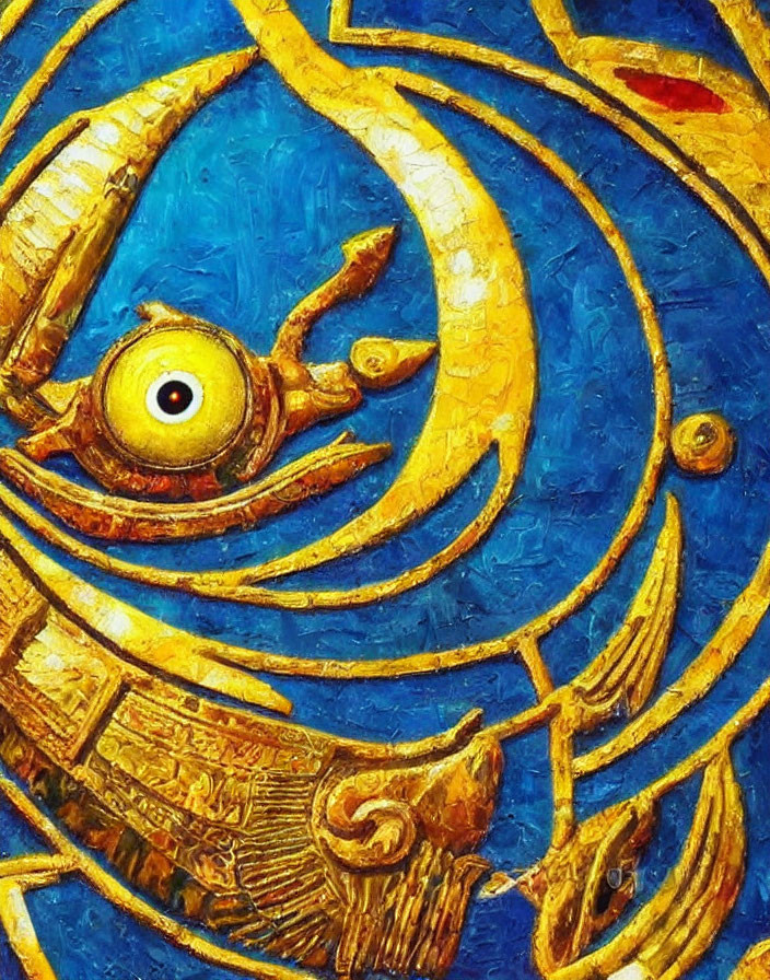 Ancient Egyptian style Eye of Horus in gold relief on cobalt blue background