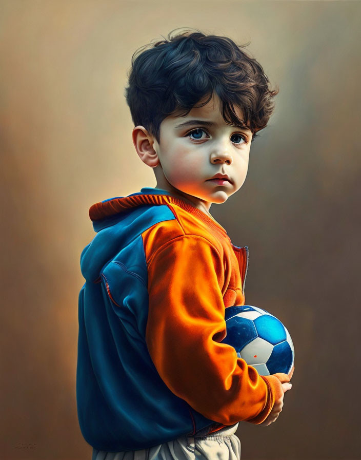 Curly-Haired Child Holding Soccer Ball in Blue and Orange Jacket