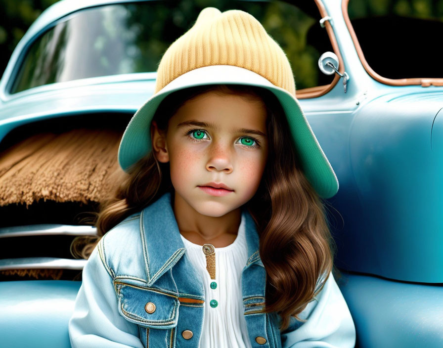 Young girl with green eyes and brown hair in yellow beanie and denim jacket leaning on vintage blue car