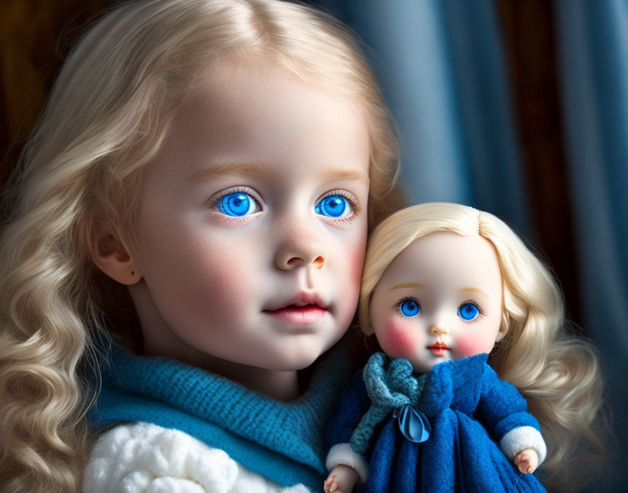 Blonde Curly-Haired Girl Holding Matching Doll in Blue Outfit