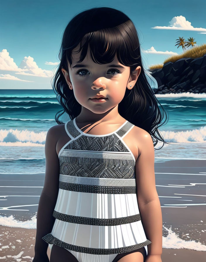 Digital painting of young girl in striped swimsuit on beach with ocean, cliffs, and palm trees.