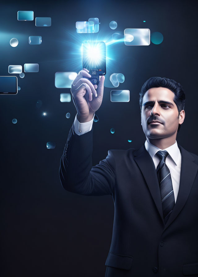 Businessman in suit using smartphone with glowing icons on dark background